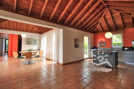 Open living room with kitchen island, dining area and sofas, Canarian wooden ceilings
